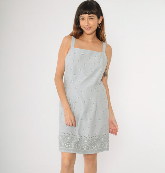 90s Grey Floral Mini Dress Sleeveless Square Neck Sheath Pencil Medium