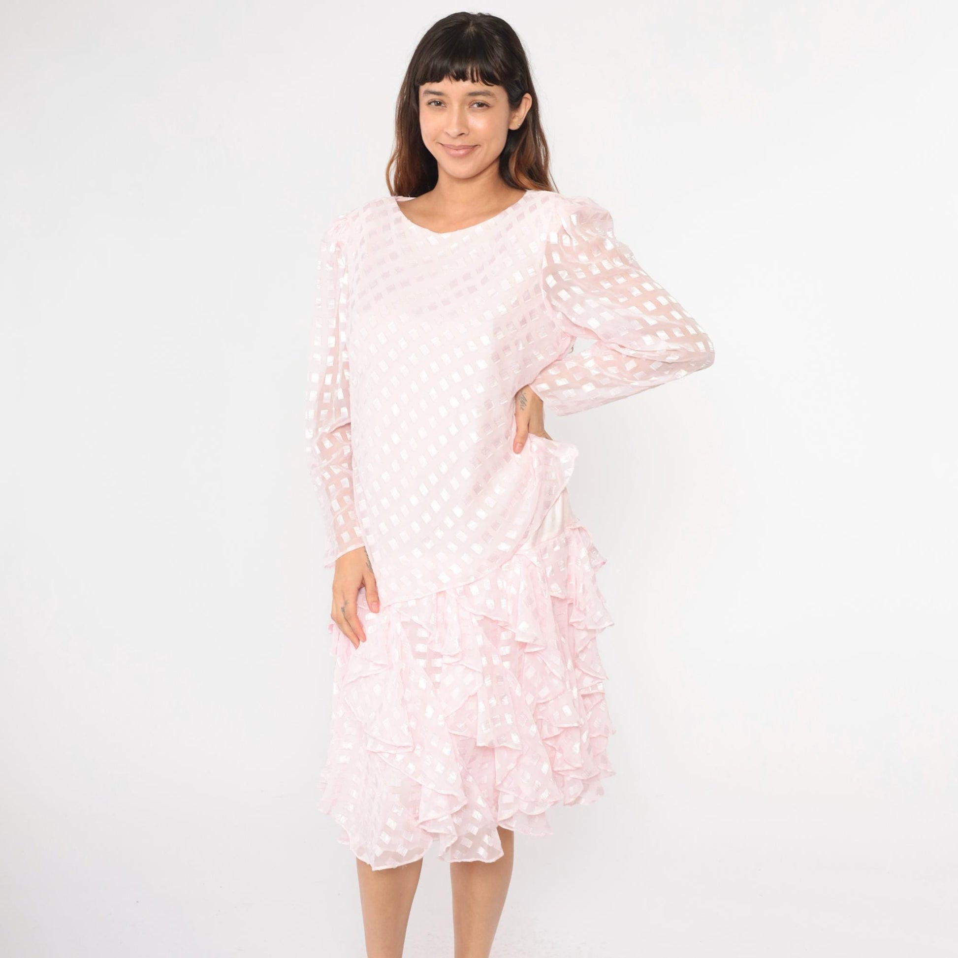 80s Patra Pink Midi Dress Drop Waist Puff Sleeve Ruffle Embossed Large L