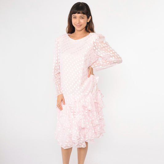 80s Patra Pink Midi Dress Drop Waist Puff Sleeve Ruffle Embossed Large L