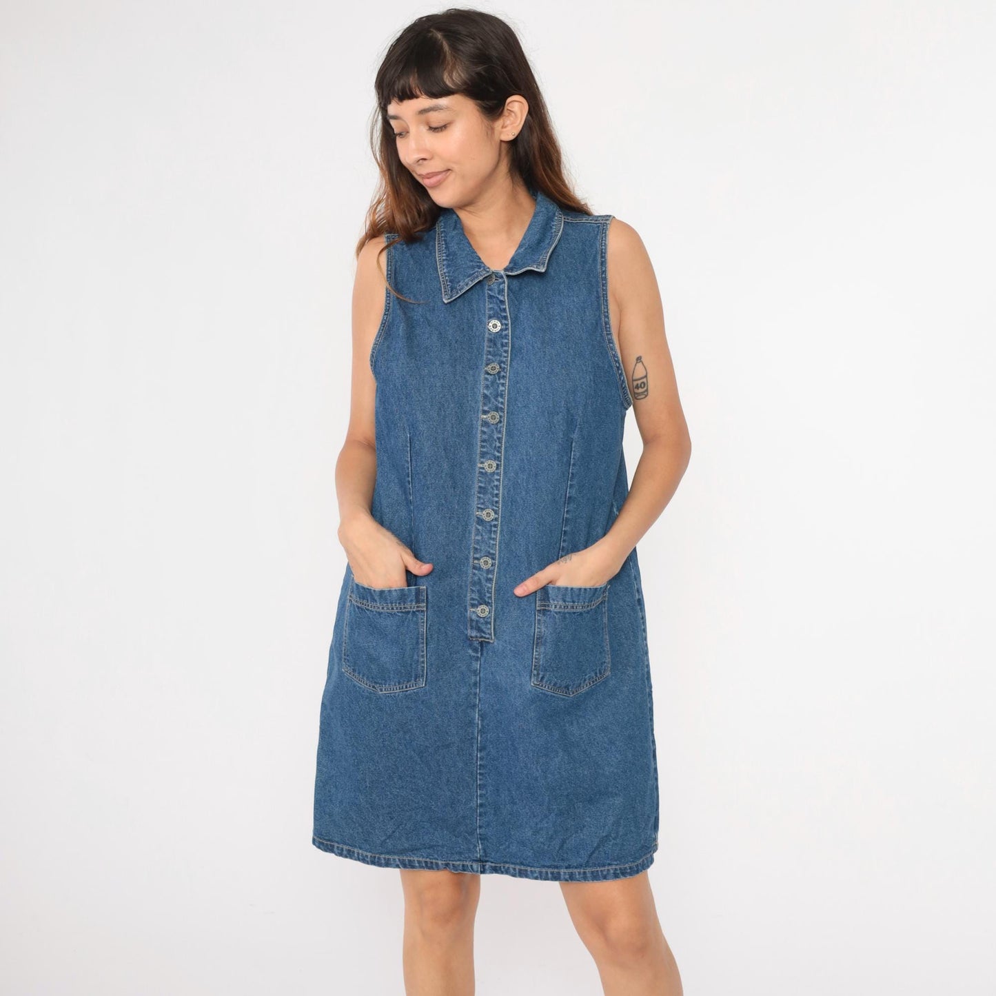 90s Denim Mini Dress Button-Up Sleeveless Blue Cotton Medium Large