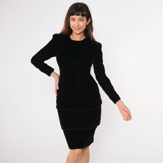 80s Maggy London Black Velvet Puff Sleeve Midi Dress Small 6