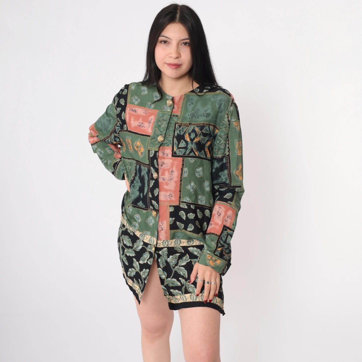 90s Patchwork Mini Dress Button-Up Long Sleeve Green Black Coral Medium M