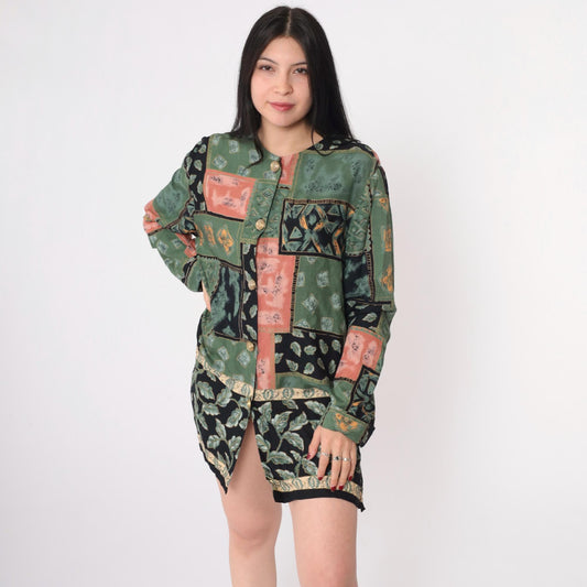 90s Patchwork Mini Dress Button-Up Long Sleeve Green Black Coral Medium M