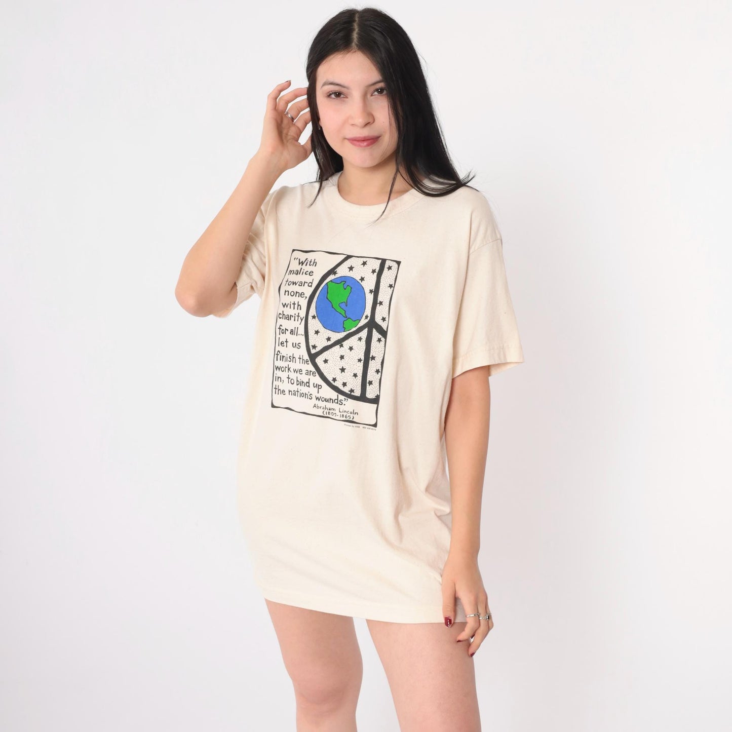00s Abraham Lincoln Peace Quote Organic Cotton T-Shirt Cream Graphic Large
