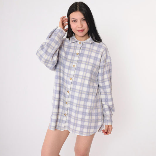 90s Cherokee Plaid Fleece Shirt Jacket Purple White Button Up Large