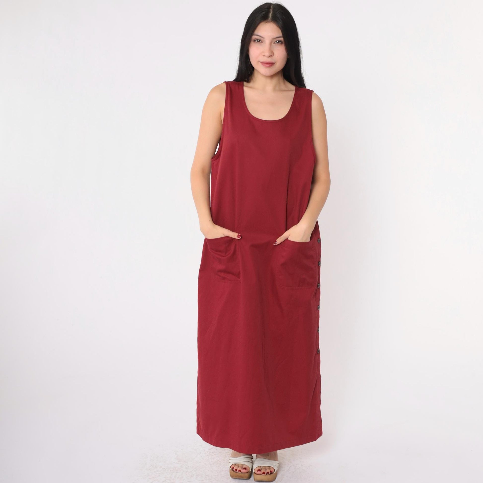 Y2K Burgundy Maxi Jumper Dress Sleeveless Button Side Pockets Medium M
