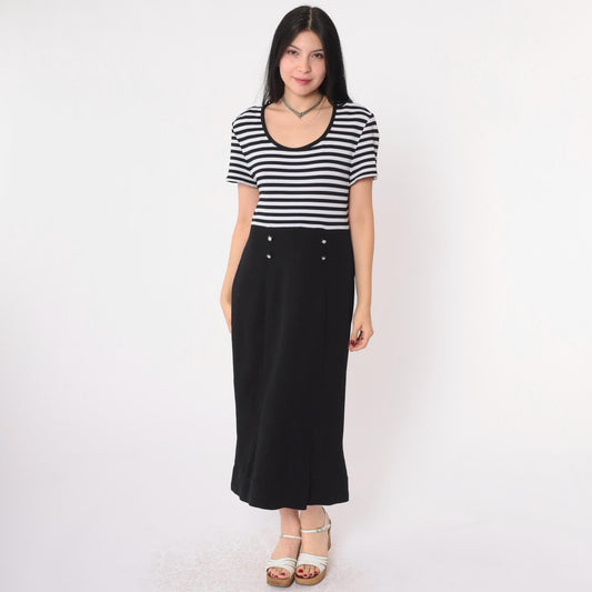 Y2K Black and White Striped Midi Dress Double-Breasted Scoop Neck Medium