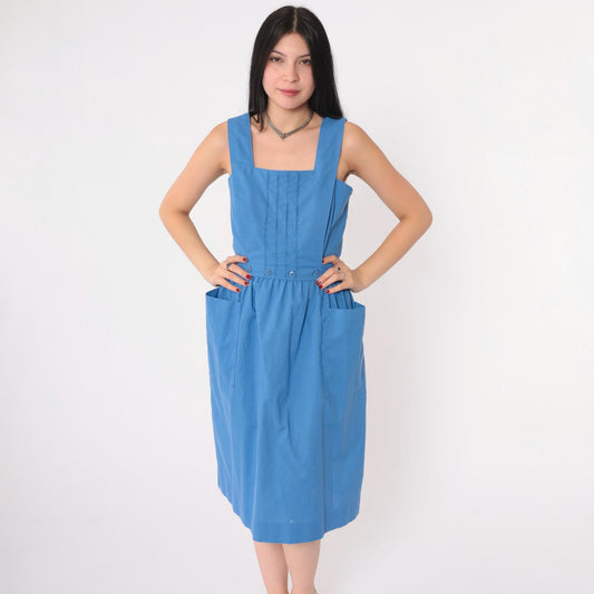 80s Lanz Originals Blue Cotton Pinafore Dress Cutwork Square Neckline Small