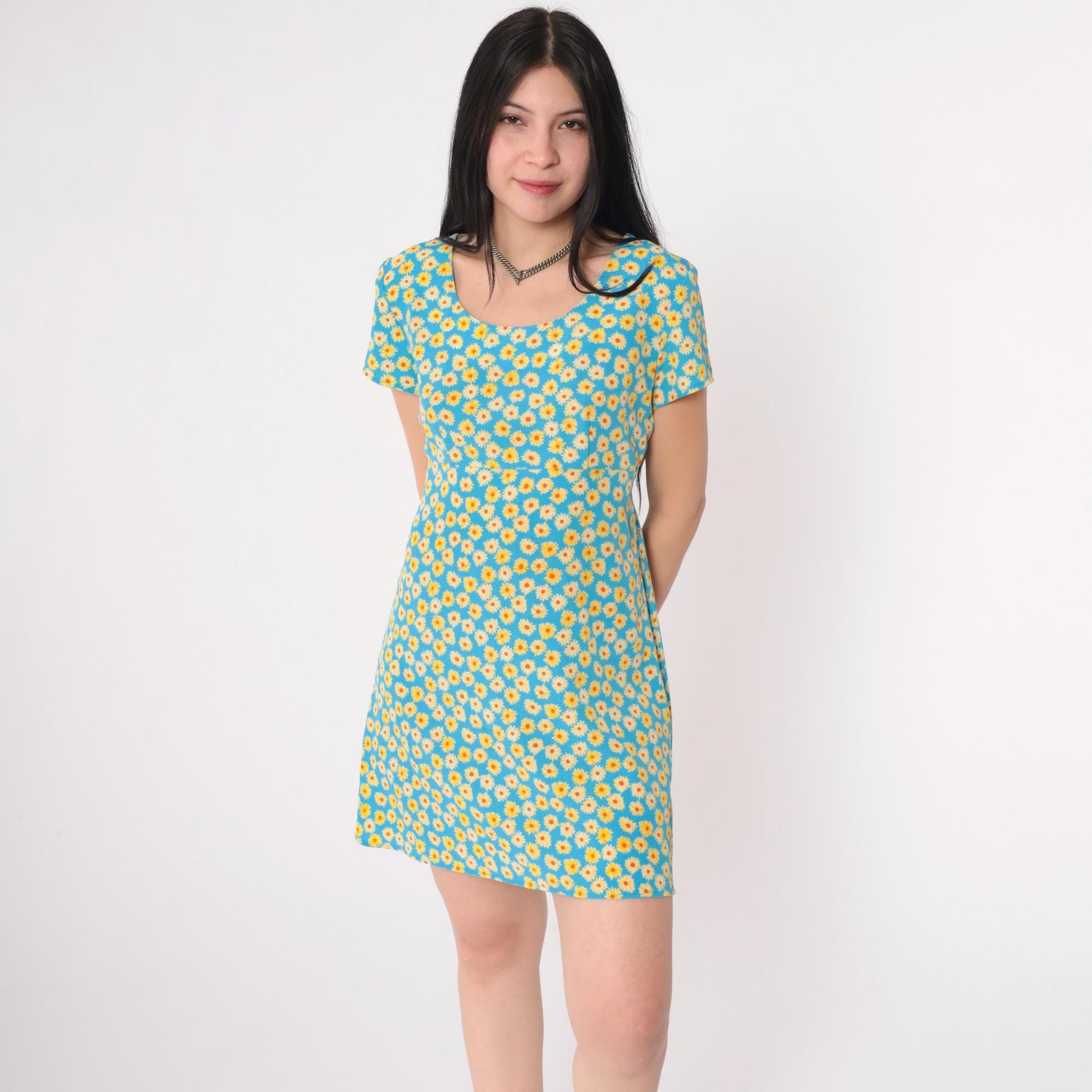 90s Byer Too! Floral Mini Dress Empire Waist Blue Yellow Small