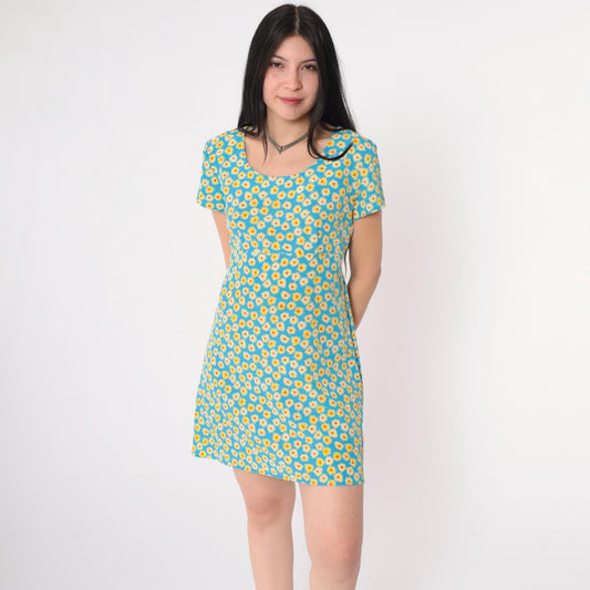 90s Byer Too! Floral Mini Dress Empire Waist Blue Yellow Small