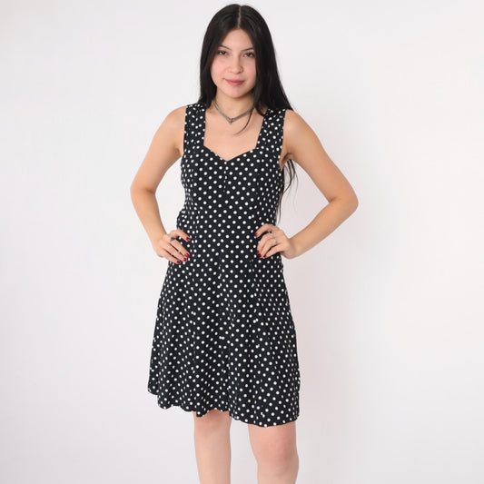 90s Black White Polka Dot Mini Dress Keyhole Back Smocked Sundress Small