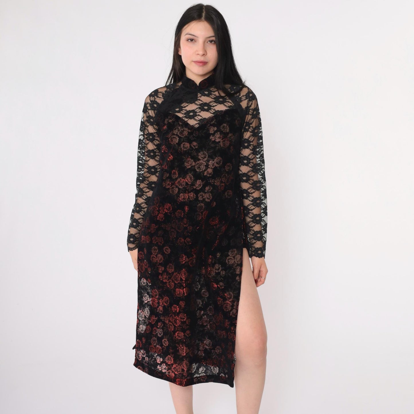 00s Ao Dai Dress Burnout Velvet Floral Mandarin Collar Black Lace Extra Small
