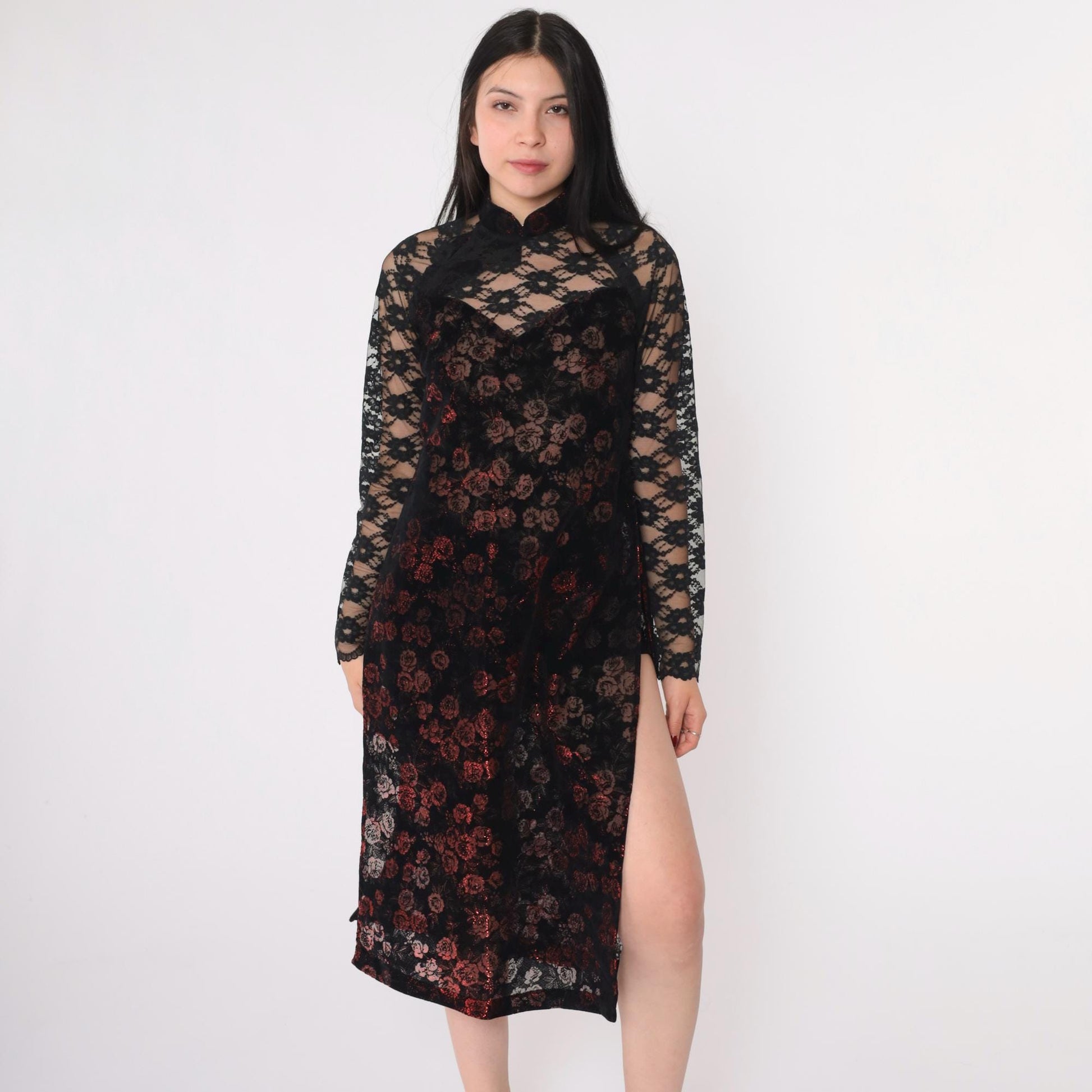 00s Ao Dai Dress Burnout Velvet Floral Mandarin Collar Black Lace Extra Small