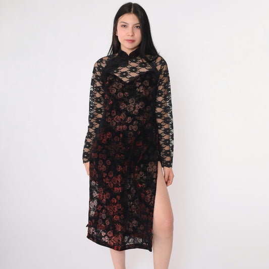 00s Ao Dai Dress Burnout Velvet Floral Mandarin Collar Black Lace Extra Small