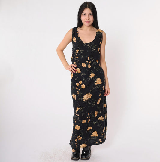90s Black Floral Maxi Sundress Y2K Gold Print Sleeveless Scoop Neck Side Slit 16W