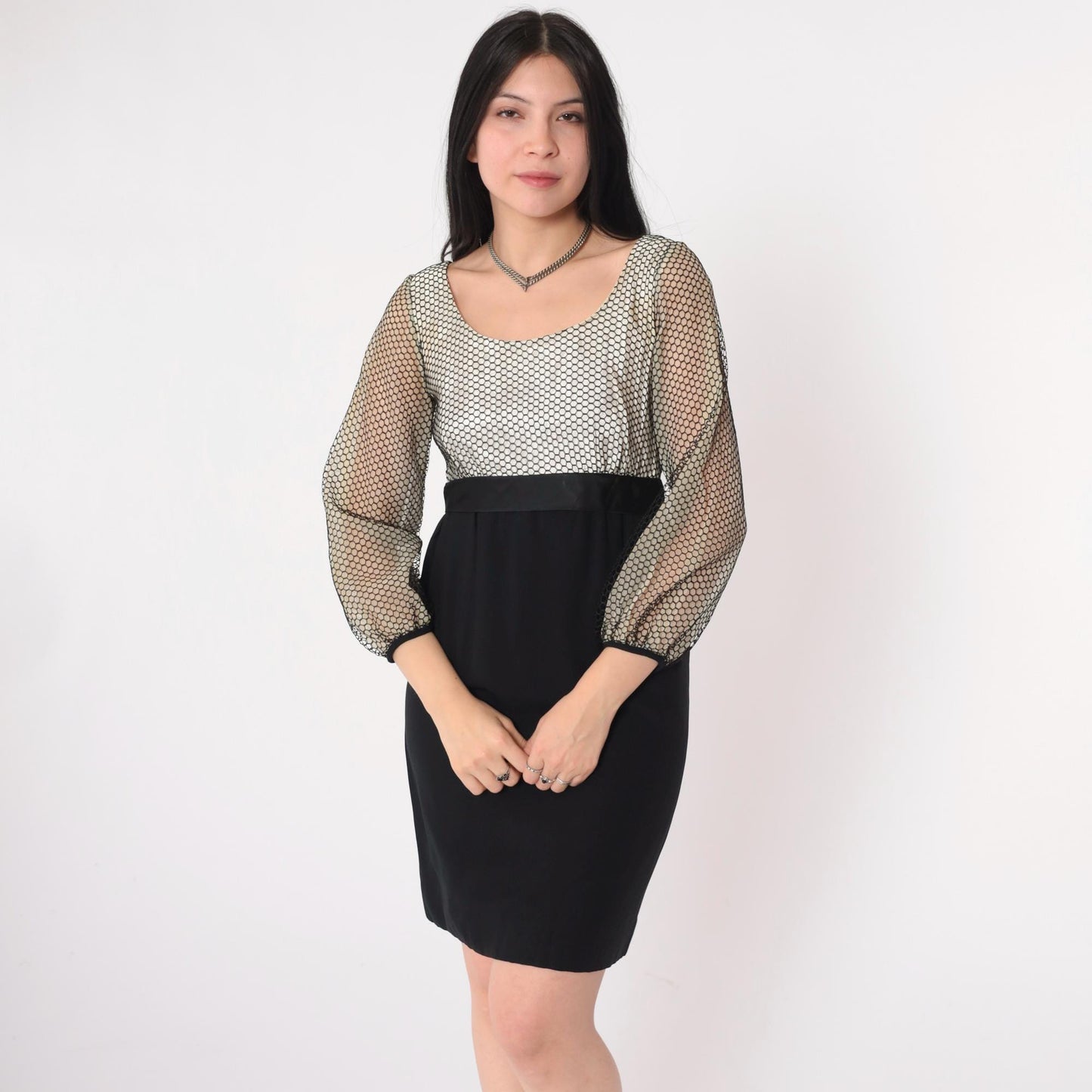 60s Black White Honeycomb Mesh Party Dress High Waist Bow Mini Small