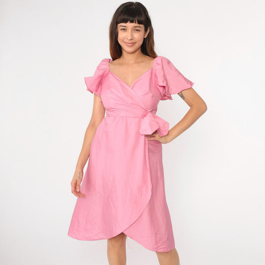 80s Pink Midi Prom Dress Flutter Sleeve V-Neck High Waist Bow Tulip Hem Small