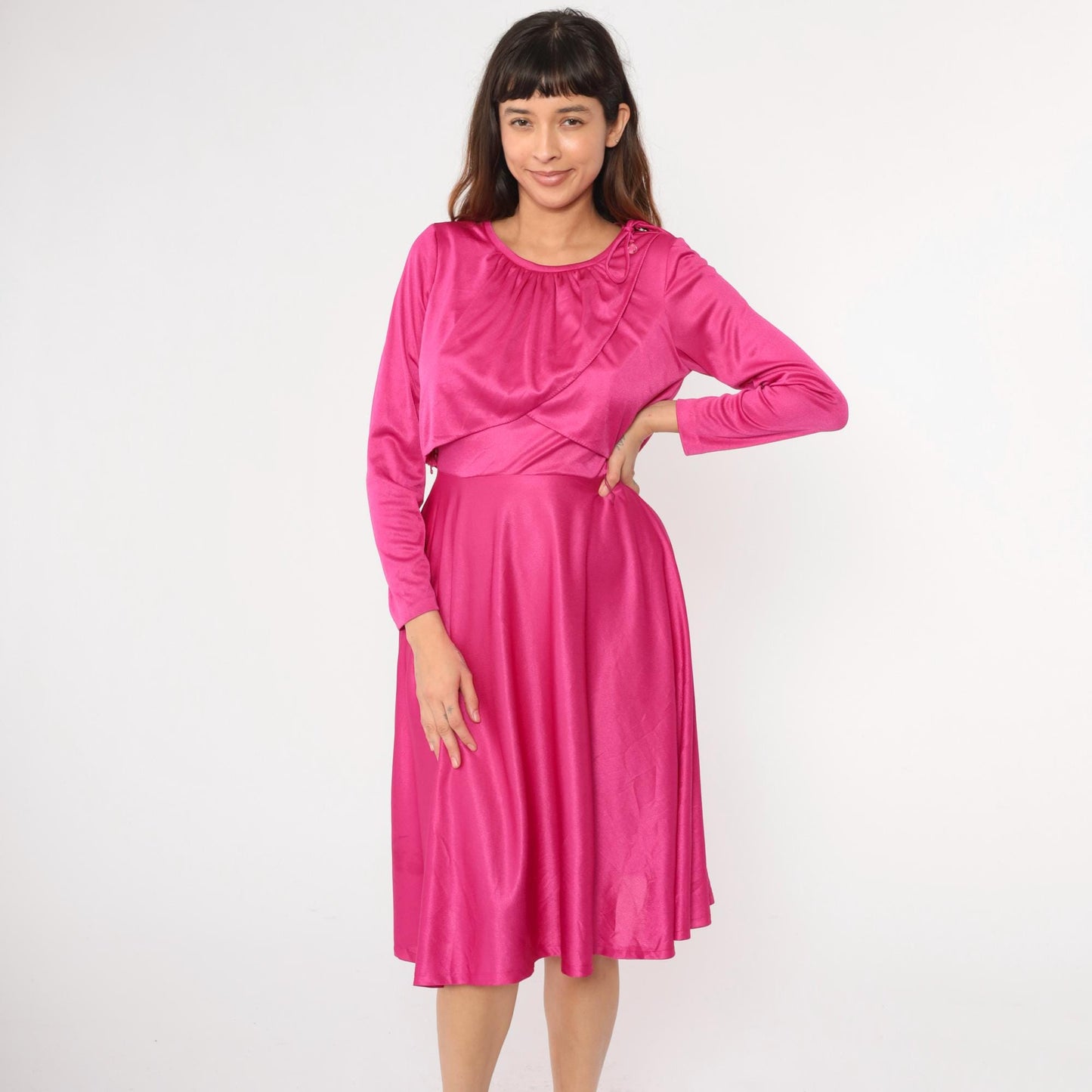 70s Fuchsia Grecian Draped Midi Dress Tie Shoulder Long Sleeve Small