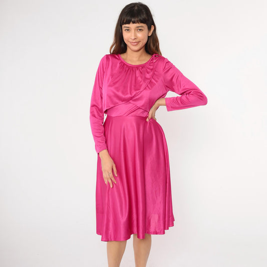 70s Fuchsia Grecian Draped Midi Dress Tie Shoulder Long Sleeve Small