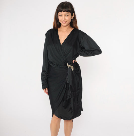 80s Black Faux Wrap Midi Dress Beaded Waist V Neck Long Sleeve Medium
