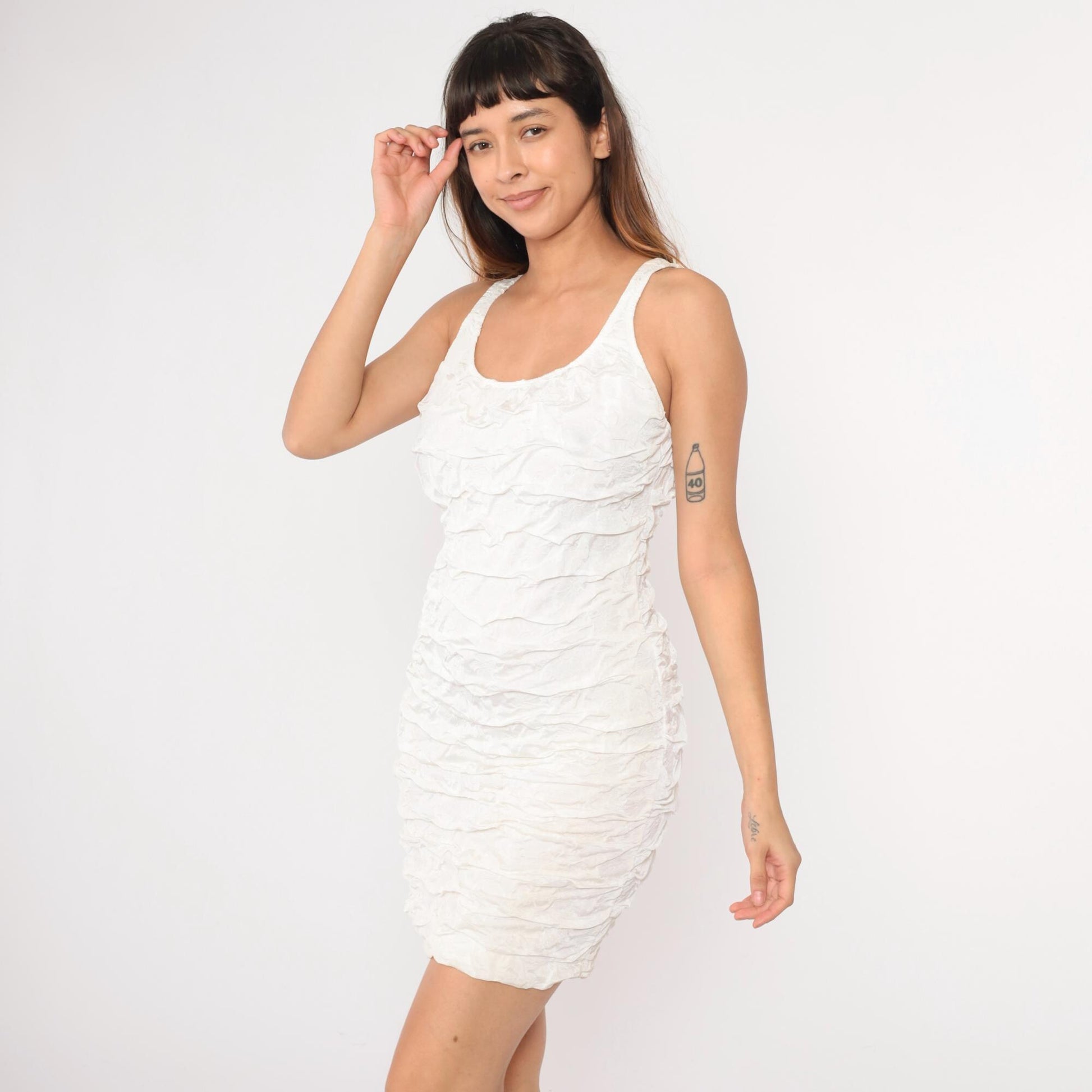 90s Y2K White Crinkled Bodycon Mini Dress Scoop Neck Sleeveless Medium
