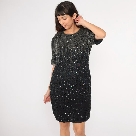 90s Black Silk Beaded Sequin Mini Dress Sleeveless Shift Medium Large