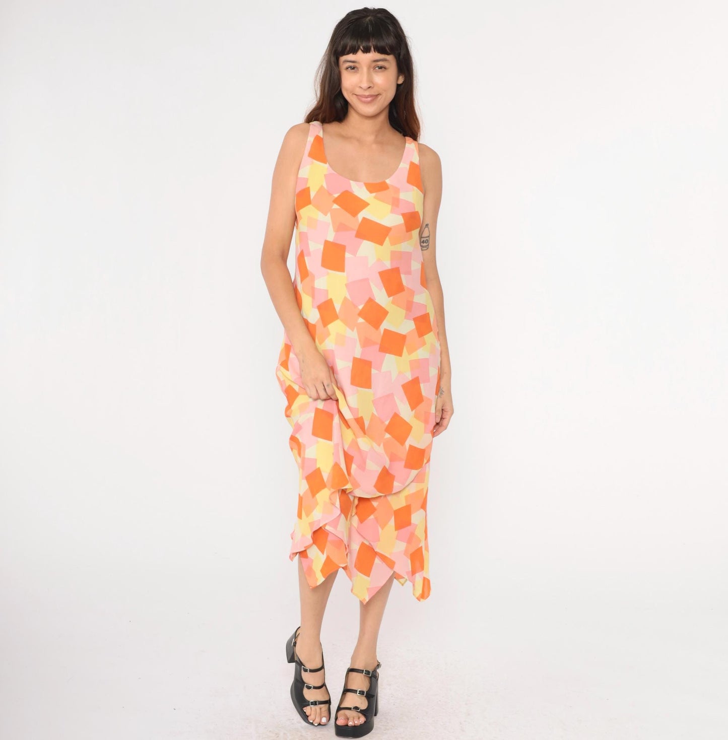 Y2K Geometric Asymmetrical Hanky Hem Shift Dress Orange Pink Yellow Large 12
