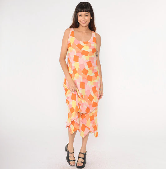Y2K Geometric Asymmetrical Hanky Hem Shift Dress Orange Pink Yellow Large 12