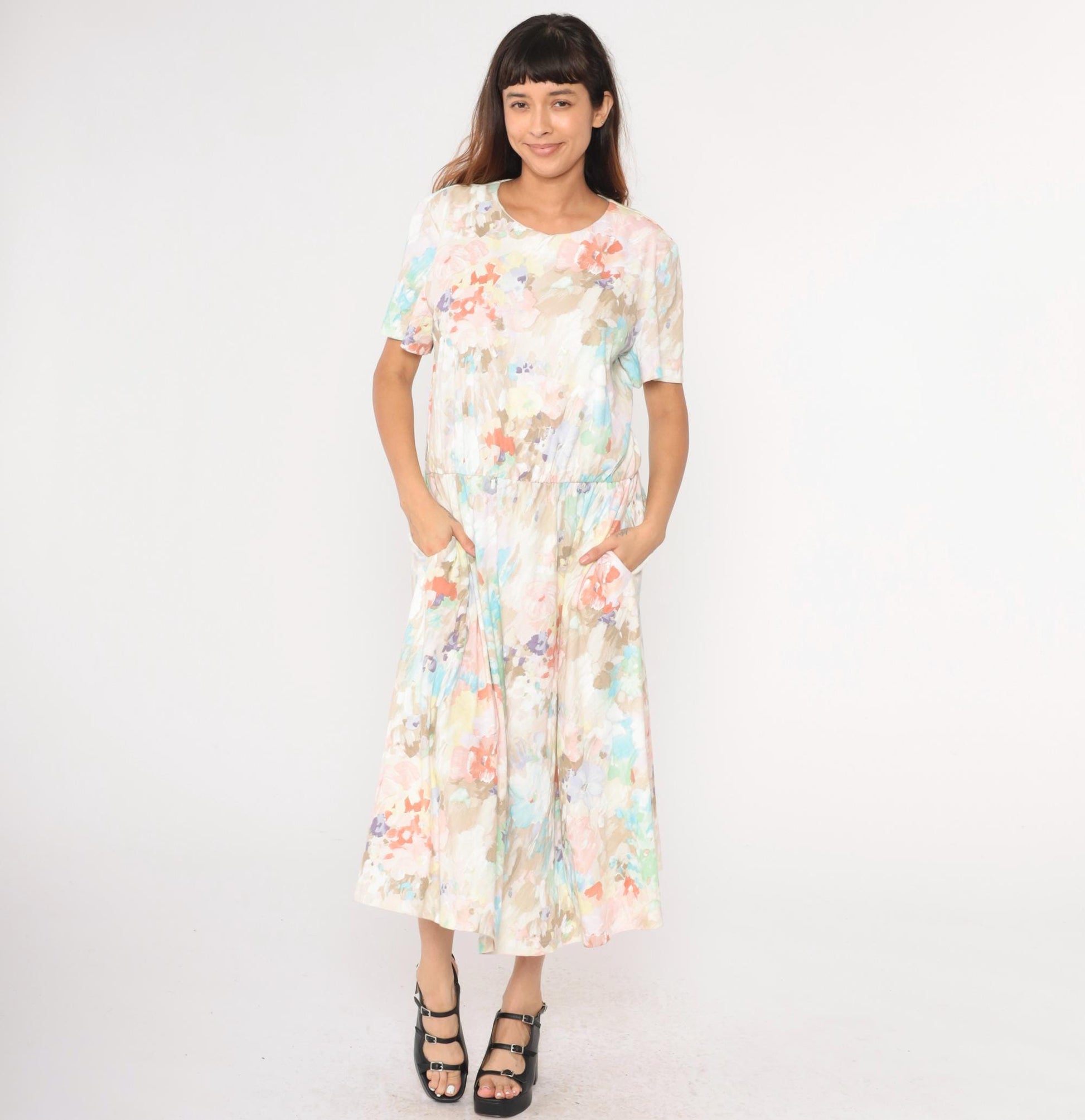 80s Watercolor Floral Midi Dress High Waist Blouson Pink Brown Blue Large