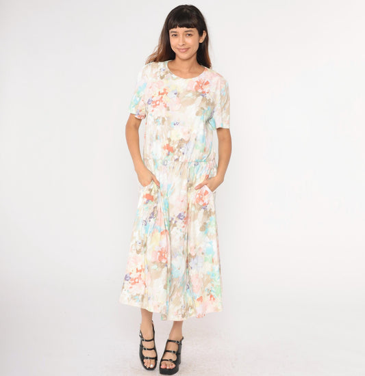 80s Watercolor Floral Midi Dress High Waist Blouson Pink Brown Blue Large