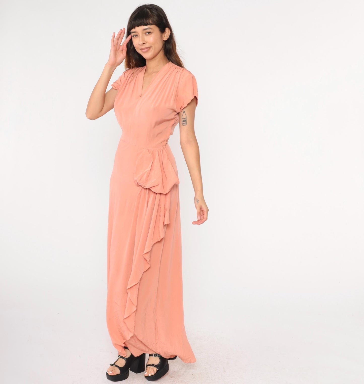 1940s Peach Pink Flutter Sleeve Maxi Gown Metal Side Zip Small