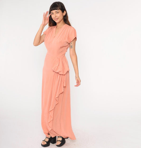 1940s Peach Pink Flutter Sleeve Maxi Gown Metal Side Zip Small