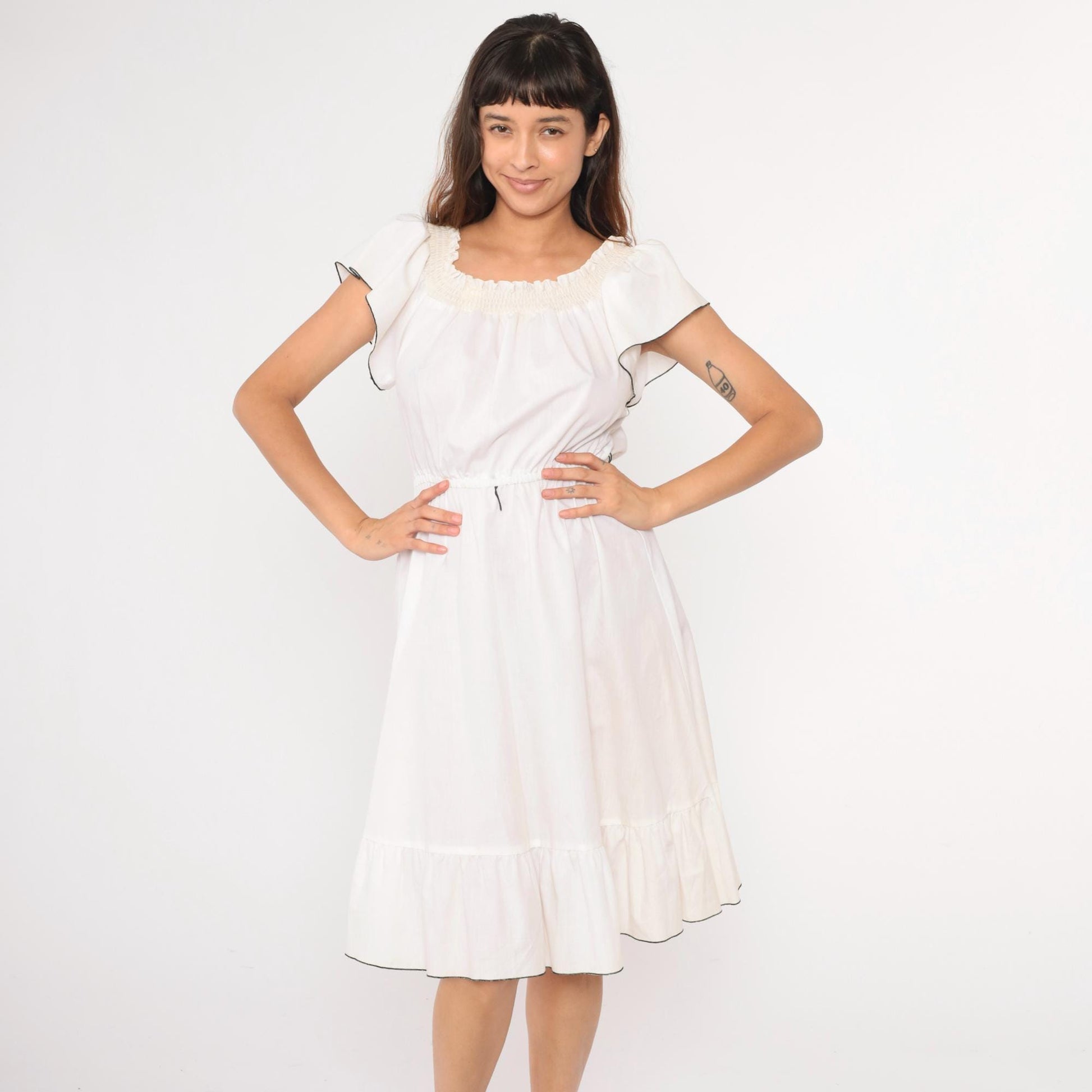80s White Peasant Dress Smocked Neckline Flutter Sleeve Midi Medium