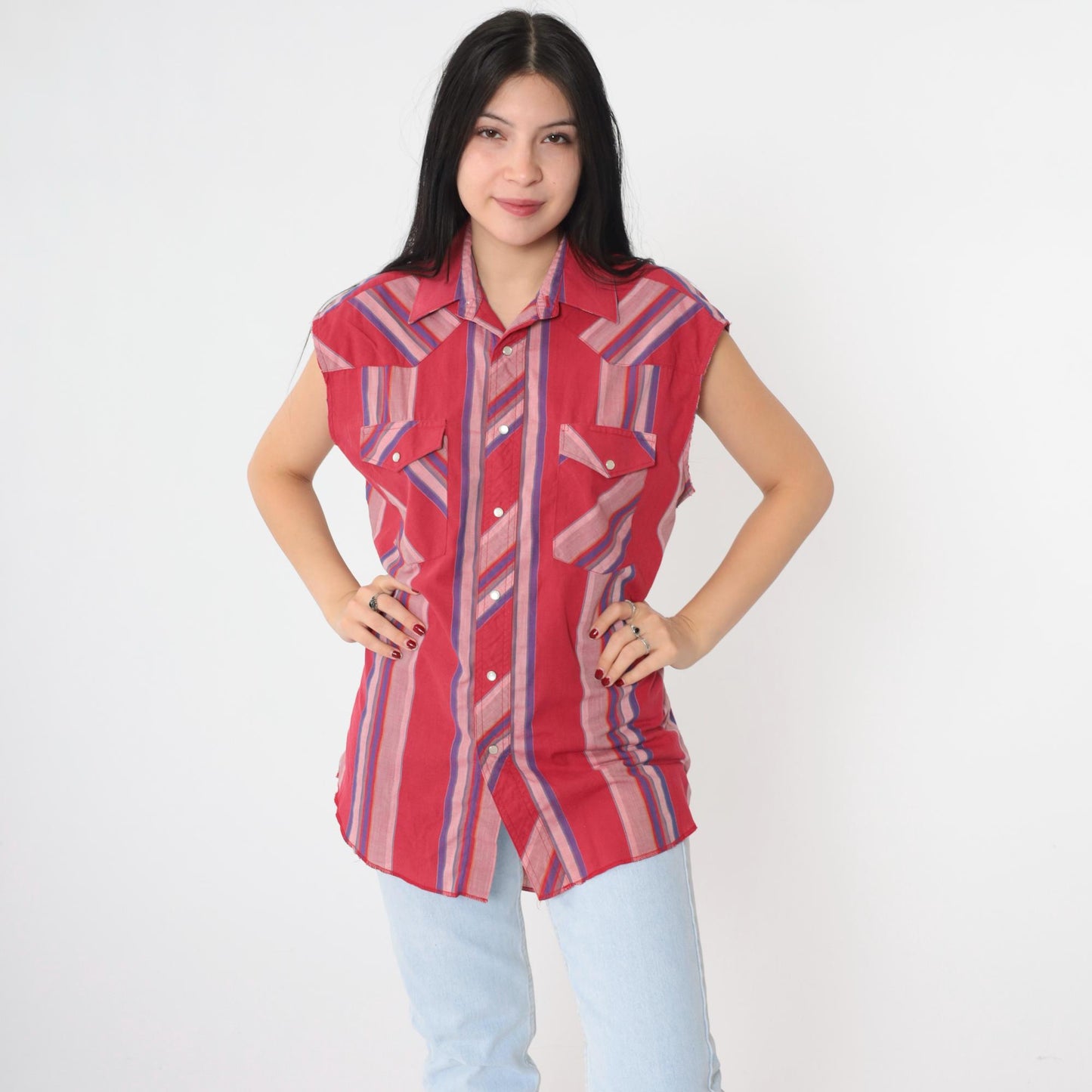 90s Wrangler Western Sleeveless Shirt Cherry Red Striped Pearl Snap Men's Medium