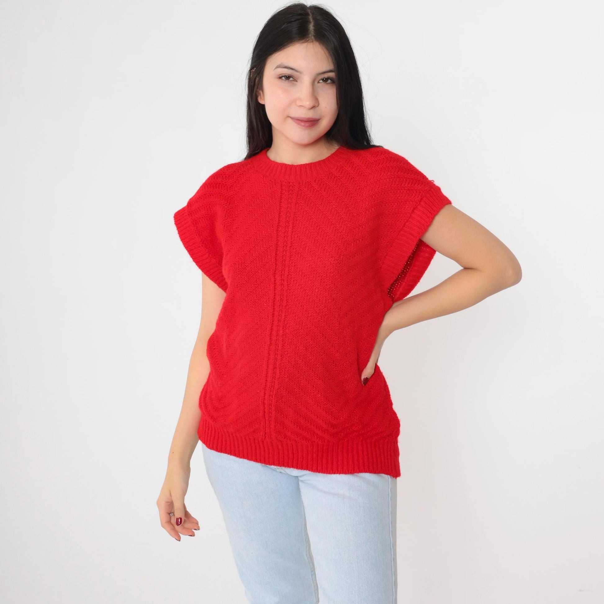 80s Fortune Knits Red Chevron Knit Top Cap Sleeve Medium