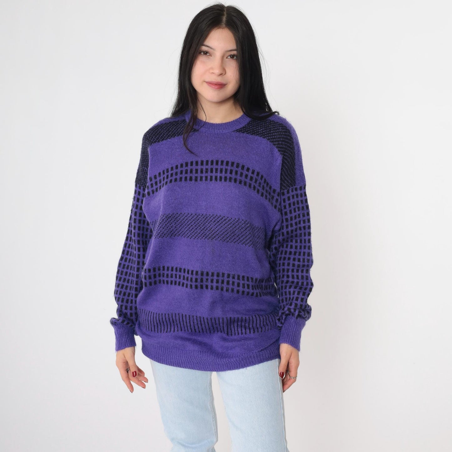 80s Purple Striped Wool Blend Crewneck Pullover Sweater Grid Print Medium