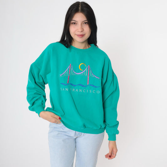 90s San Francisco Golden Gate Bridge Embroidered Sweatshirt Teal Cotton Medium