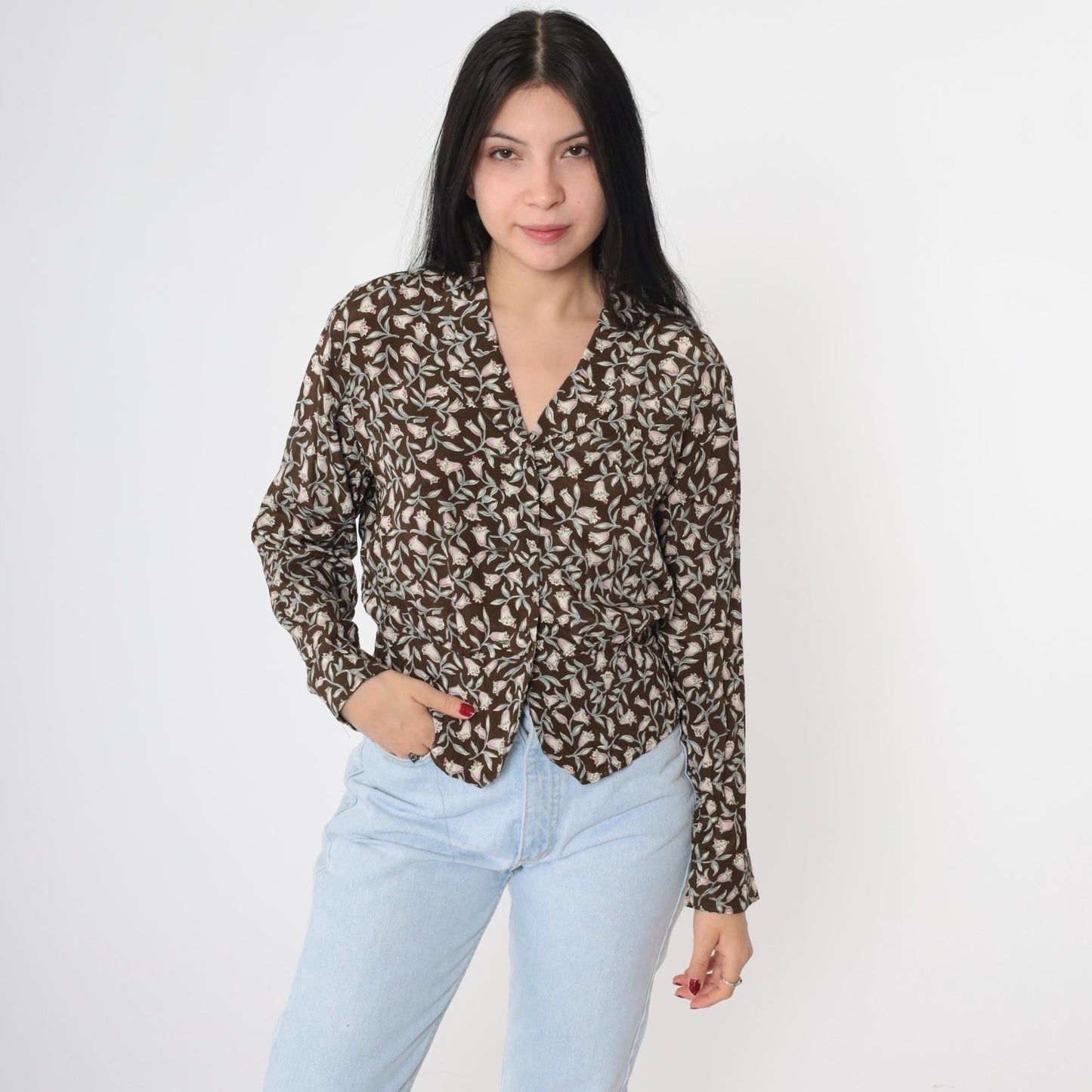90s Carole Little Floral Button-Up Blouse Brown Peplum Petite Medium