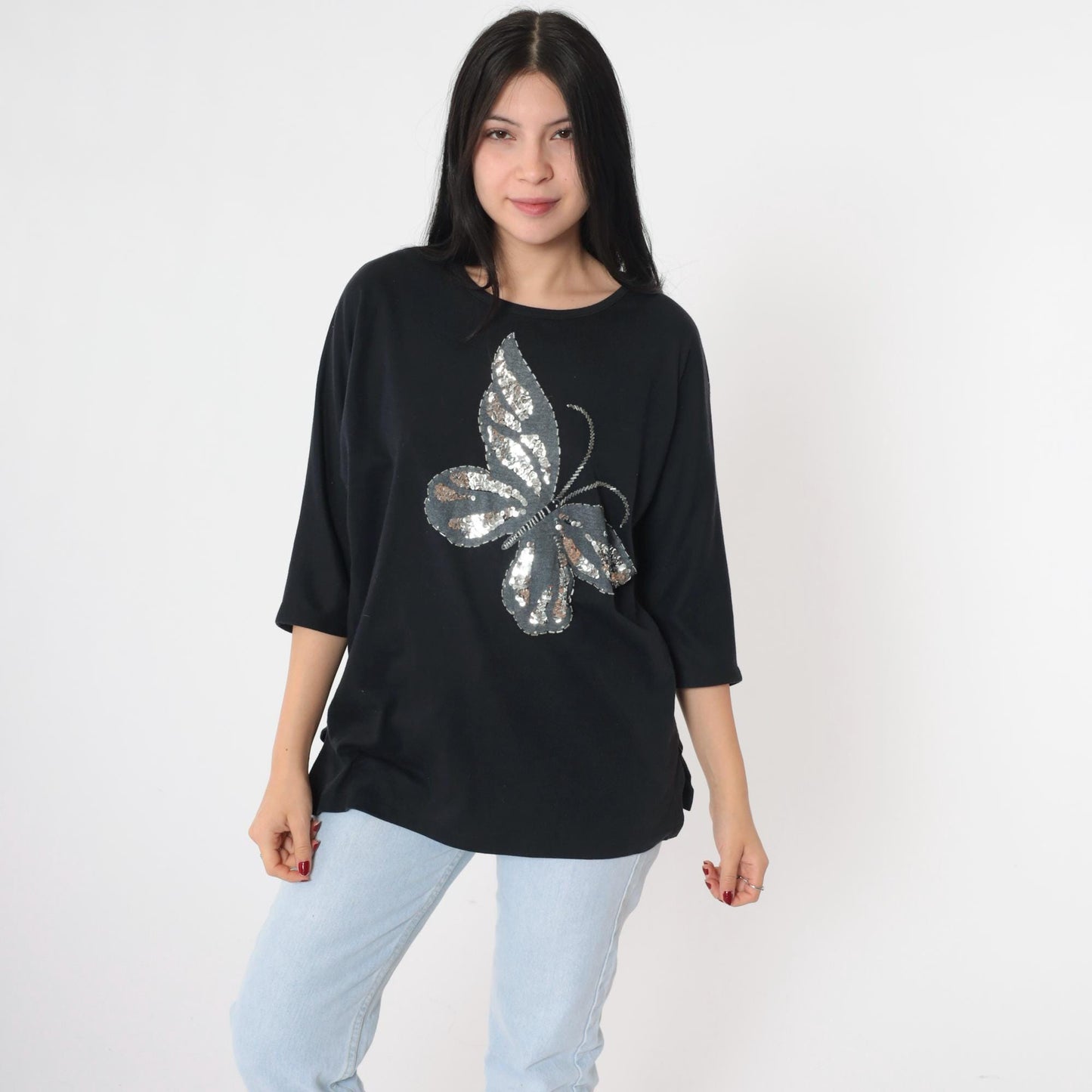 80s Sequin Butterfly T-Shirt Silver Beaded Graphic 3/4 Sleeve Medium
