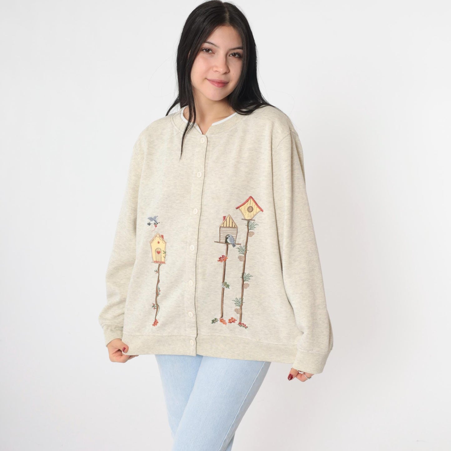 90s BonWorth Birdhouse Cardigan Sweatshirt Cream Embroidered Birds Medium