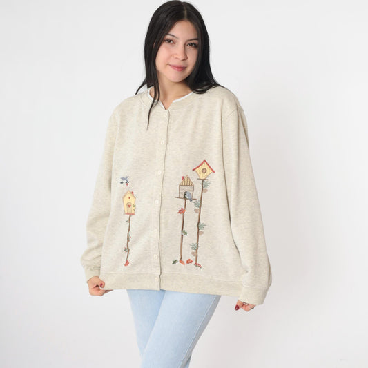 90s BonWorth Birdhouse Cardigan Sweatshirt Cream Embroidered Birds Medium