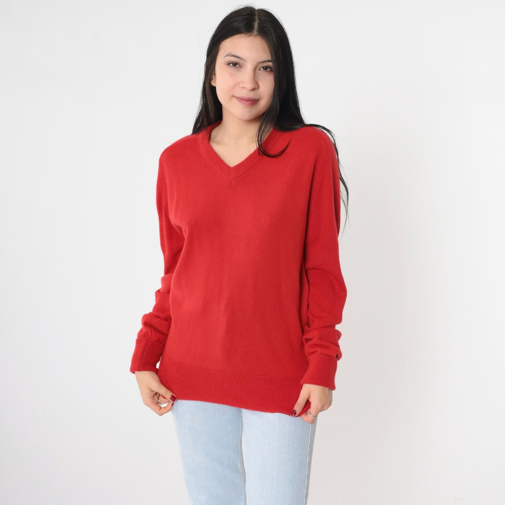 80s Monterey Knits Red V-Neck Pullover Sweater Medium Large