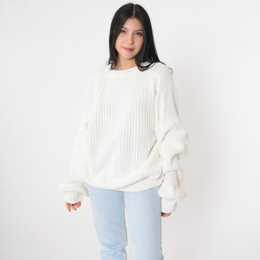 90s Structure White Ramie Cotton Roll Neck Sweater Ribbed Knit Large L