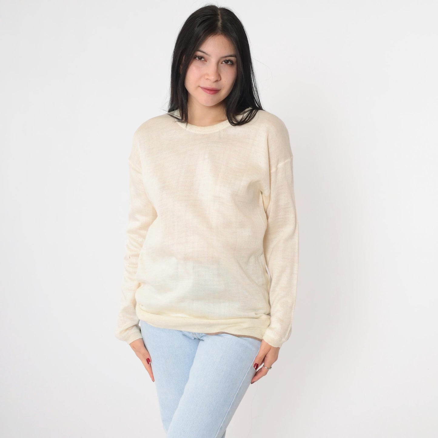 80s Space Man Wool Sweater Cream Crewneck Knit Medium