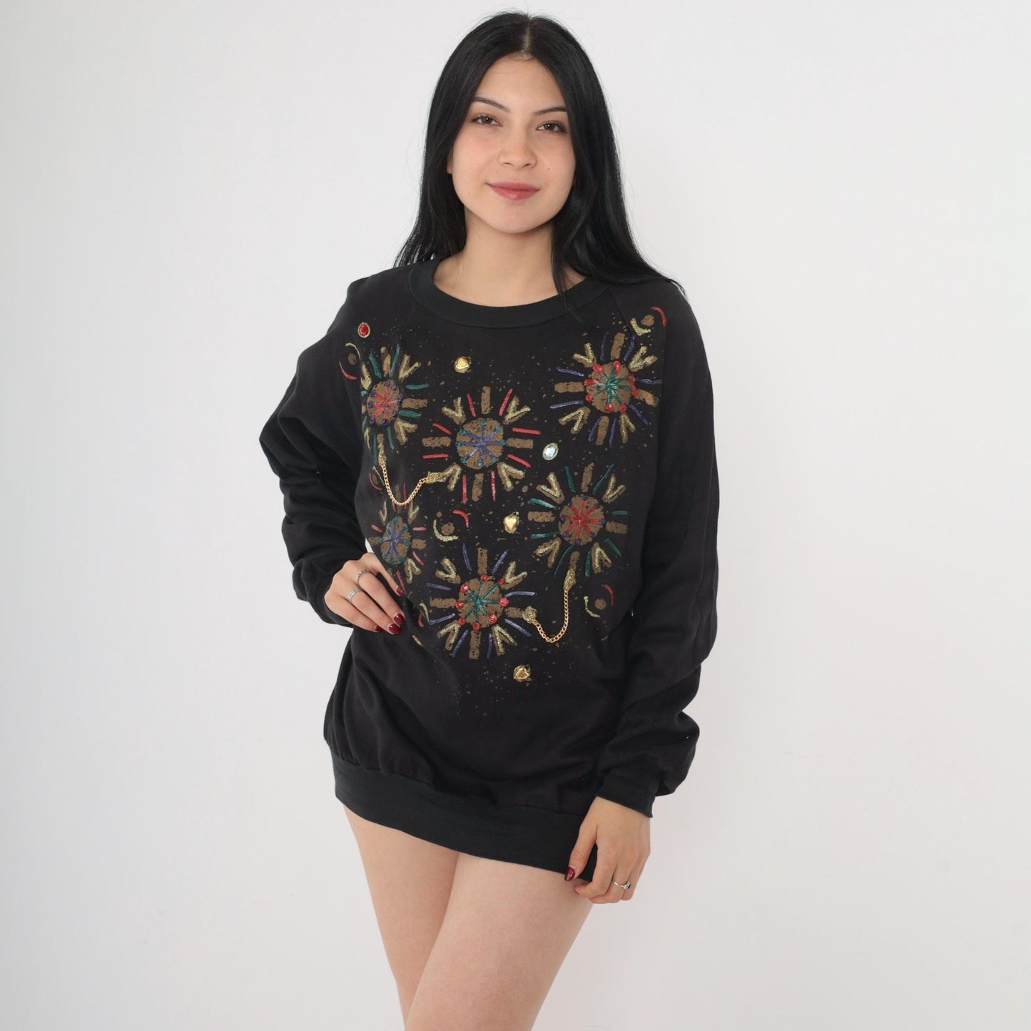 90s Hand Painted Beaded Geometric Sweatshirt Black Raglan Crewneck Medium M
