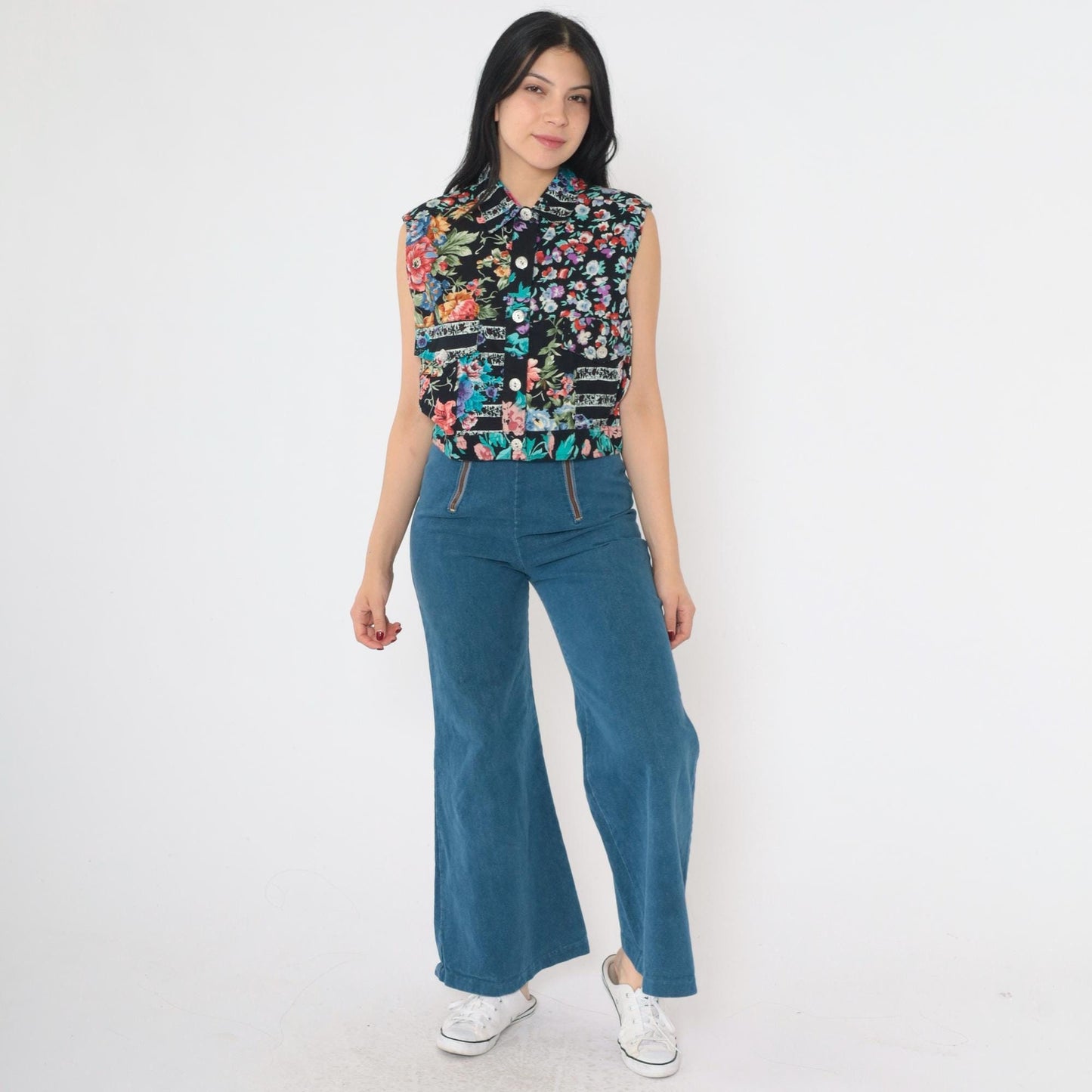 90s Cotton Express Floral Patchwork Crop Top Sleeveless Button-Up Medium