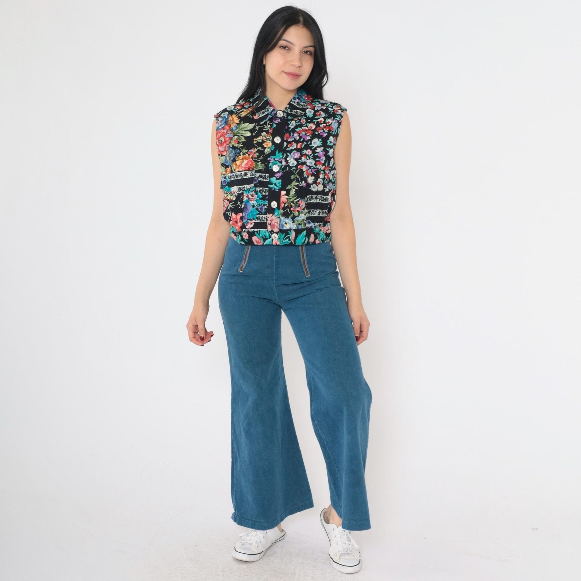 90s Cotton Express Floral Patchwork Crop Top Sleeveless Button-Up Medium