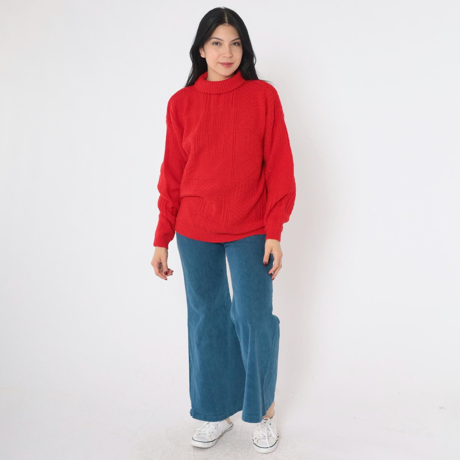 80s Red Textured Turtleneck Sweater Acrylic Knit Pullover Medium M