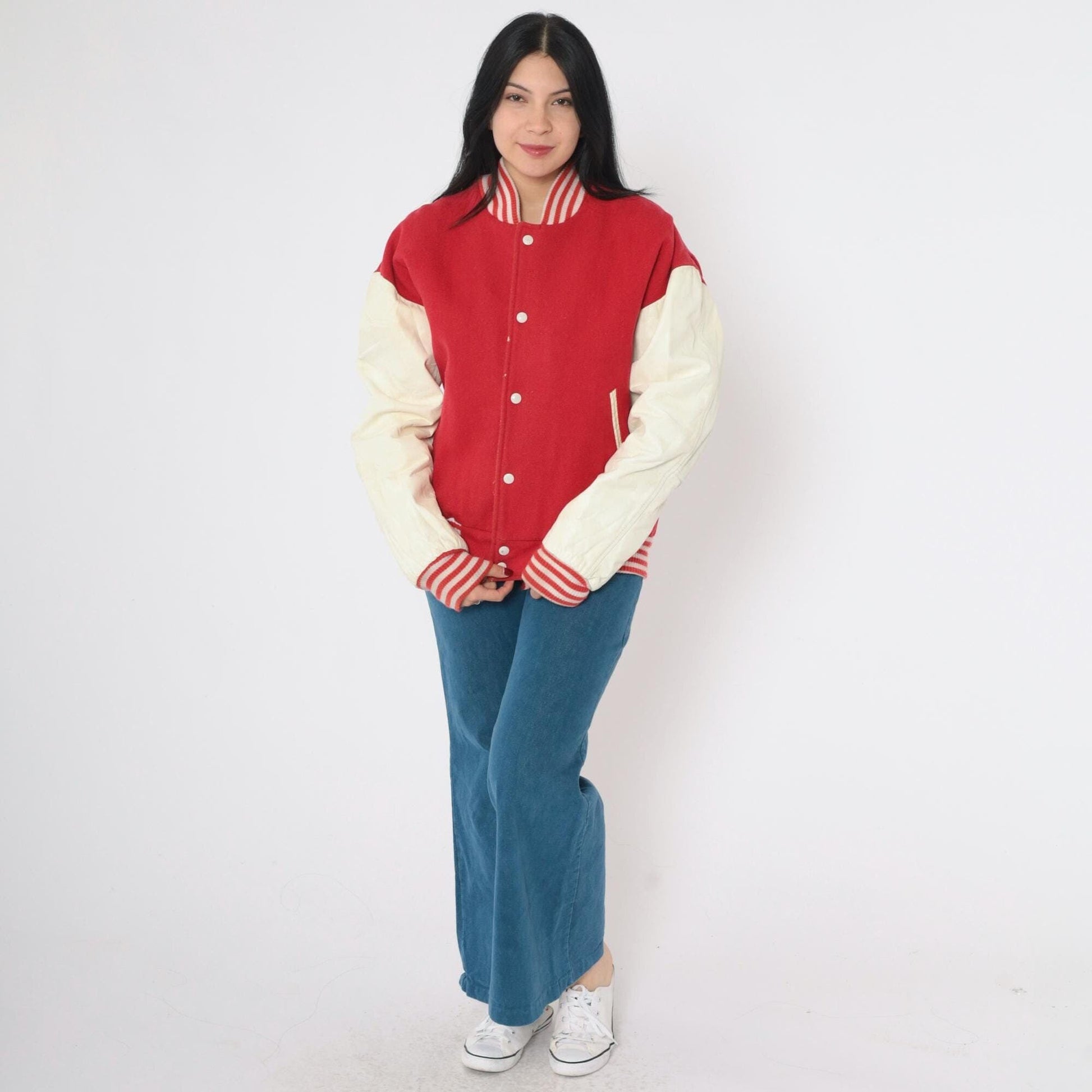 80s Red Wool Varsity Jacket Leather Sleeves Distressed Snap Medium M