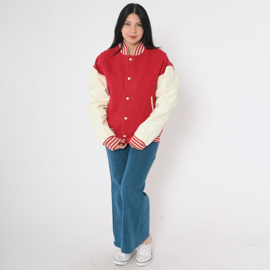 80s Red Wool Varsity Jacket Leather Sleeves Distressed Snap Medium M